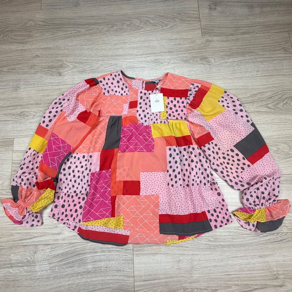 FATE Do Your‎ Best Patchwork Blouse Abstract Geometric Polka Dot Medium New